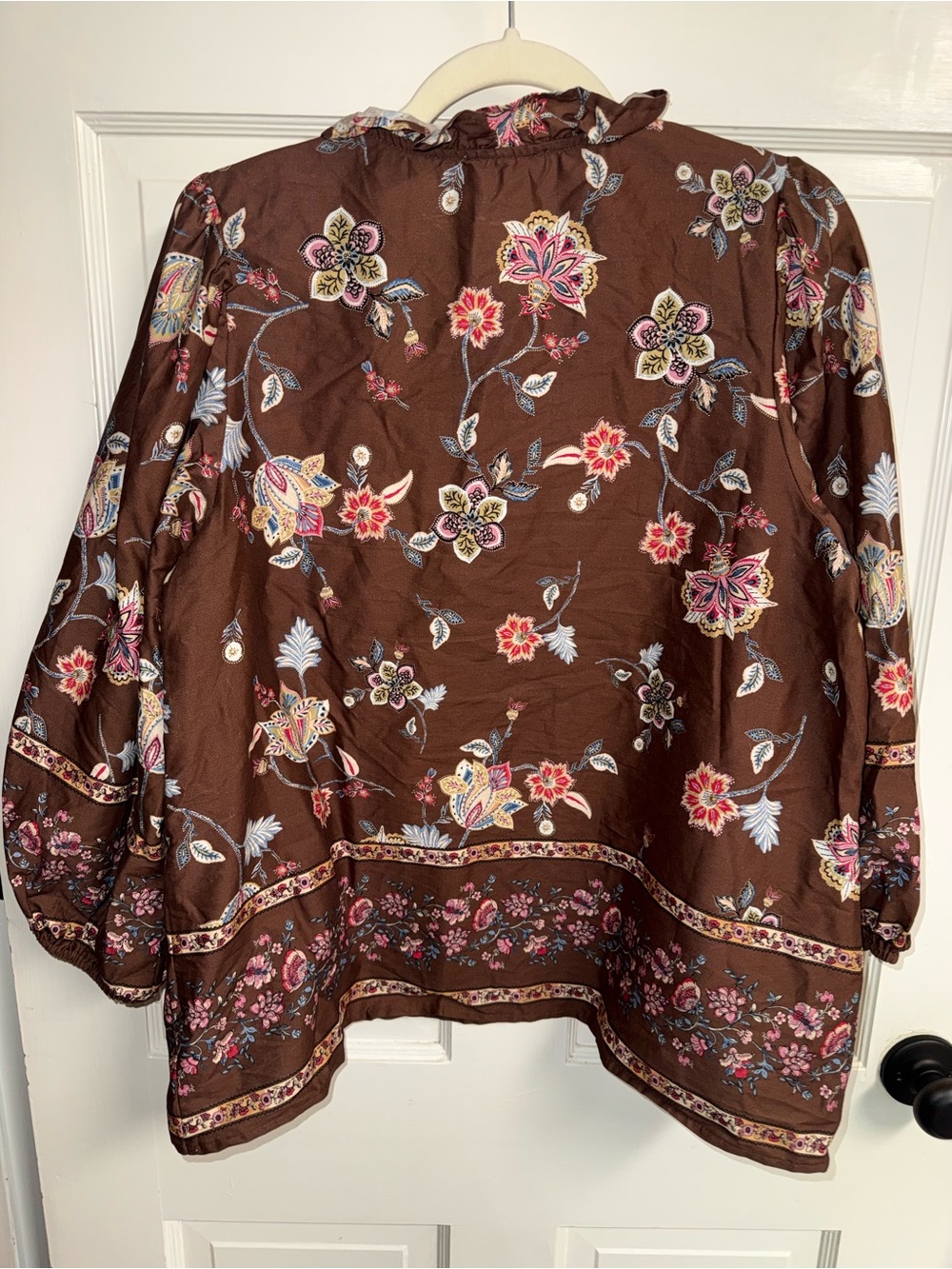 Entro Brown Floral Ruffle-Trim Peasant Blouse size large - Picture 8 of 9
